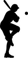Silhouette of a baseball player preparing to bat, with one leg lifted and a ball approaching.