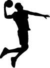 Silhouette of a person in mid-air performing a basketball dunk, holding a ball in one hand and extending the other arm backward.