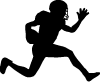 Silhouette of an American football player running forward, holding a football in one arm and raising the other arm.