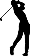 Silhouette of a person swinging a golf club, following through after hitting a golf ball.
