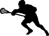 Silhouette of a lacrosse player running while holding a lacrosse stick, appearing to be in motion or preparing to pass or catch the ball.