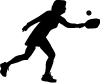 Silhouette of a person playing pickleball, holding a paddle and reaching to hit a ball in midair.