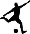 Silhouette of a person kicking a soccer ball, with one leg raised and arms outstretched for balance.