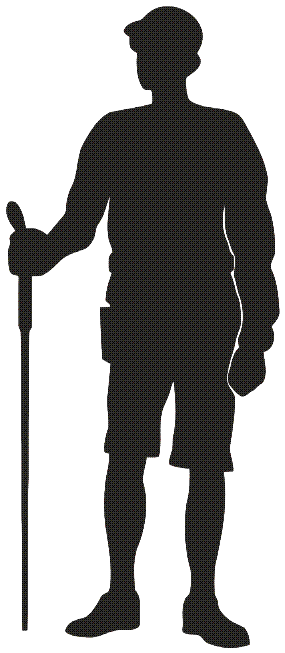 Silhouette of a person wearing a cap and shorts, standing upright while holding a walking stick in one hand.