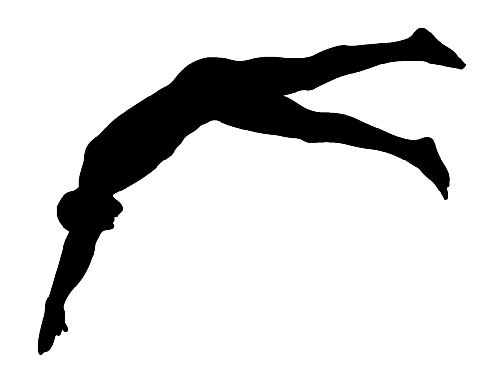 Silhouette of a person diving headfirst with arms extended forward and legs stretched out behind against a plain background.
