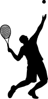 Silhouette of a person playing tennis, jumping and serving the ball with a racquet raised overhead.