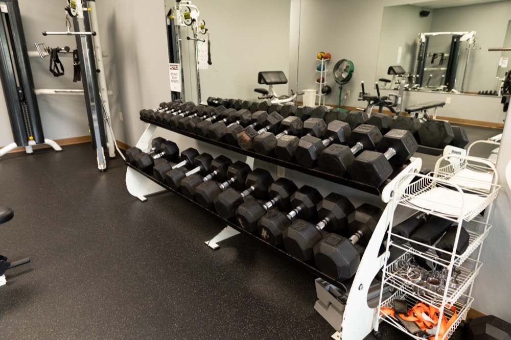 A gym with two racks of hex dumbbells, weight machines, and gym accessories like resistance bands and jump ropes on a white cart, with mirrors on the walls.