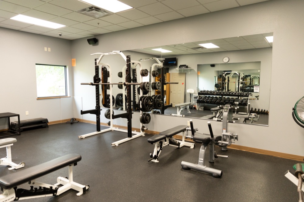 A clean gym with weight benches, a squat rack, mirrors, and dumbbells. Theres a window on the left and gym equipment neatly organized throughout the room.